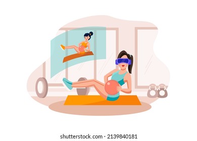 Woman doing exercise using VR tech Illustration concept. Flat illustration isolated on white background.