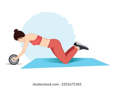 Woman doing exercise with wheel for perfect abs, flat vector illustration