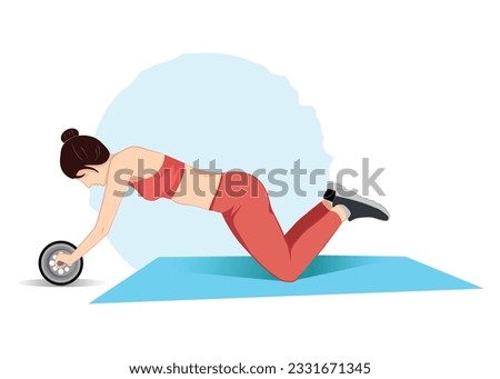 Woman doing exercise with wheel for perfect abs, flat vector illustration