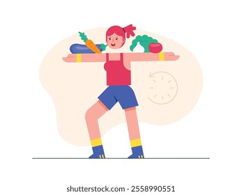 Woman doing exercise while preparing healthy food, vegetables. Character design. Vector flat illustration