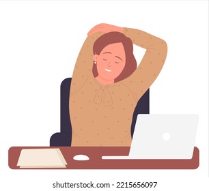 Mujer haciendo ejercicio en el trabajo. Estiramiento de oficina, ilustración del vector de descanso relajante