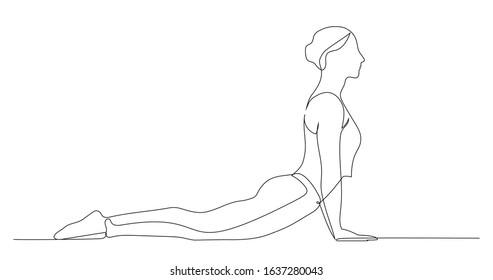 Woman doing exercise yoga Cobra Pose (Bhujangasana). Continuous line drawing. Vector illustration.