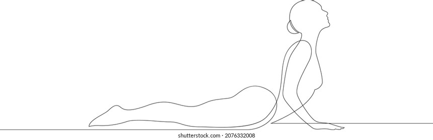 Woman doing exercise yoga Cobra Pose or Bhujangasana. Continuous line drawing. Vector illustration