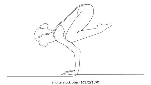 Woman doing exercise in yoga pose (Bakasana). Continuous line drawing. Vector illustration.
