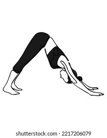 Woman Doing Exercise In Yoga Pose. Downward Facing Dog Pose. Vector Silhouette Illustration Isolated On White Background. International Yoga Day Concept. Yoga Logo