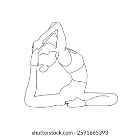 Woman doing exercise in yoga pose. 
 Continuous line drawing. Vector Illustration. Woman sitting cross legged meditating. yoga lessons. 
 Hand made vector not Al