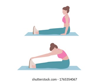 Woman doing exercises 2 step. for doing Seated toe touch stretch. prevent the joint stiffness, tightness and pain. Illustration about warm up and cool down and workout. 