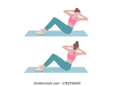 Woman doing exercises. 2 Step by for doing  Russian twist. Illustration about workout for flat Abdominal. Fitness and health concepts