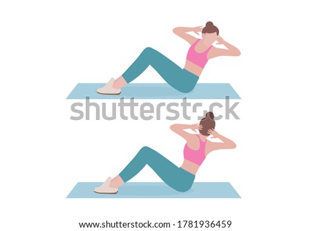 Woman doing exercises. 2 Step by for doing  Russian twist. Illustration about workout for flat Abdominal. Fitness and health concepts