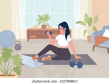 Woman doing exercises for arms flat color vector illustration. Training with dumbbells by video lesson. Sports activity. Fully editable 2D simple cartoon character with home interior on background