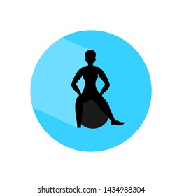 Woman doing exercises with ball. Circle icon with long shadow and flat vector symbol.