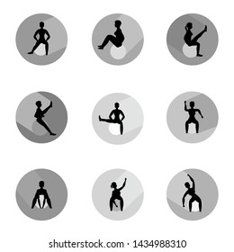 Woman doing exercises with ball. Set of circle icons with long shadow and flat vector symbol.
