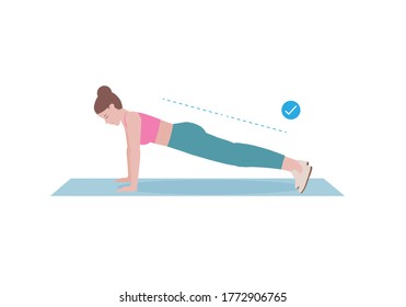 Woman doing exercises.  Benefits, doing correct Plank. Balance pose, flexibility improvement. Isolated vector illustration in cartoon style. Fitness and health.