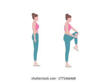 Woman doing exercises.  Benefits, doing easy stretches to relax. Balance pose, flexibility improvement. Isolated vector illustration in cartoon style. Fitness and health