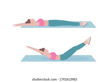 Woman doing exercises.  Benefits, doing The Hollow-Body Hold is Its core-strengthening properties. Fitness and health concepts. Isolated vector illustration in cartoon style.