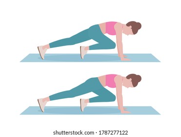 Woman doing exercises.  Benefits doing Mountain Climbers it which helps build strength in your hips. Isolated vector illustration in cartoon. Fitness and health concepts.