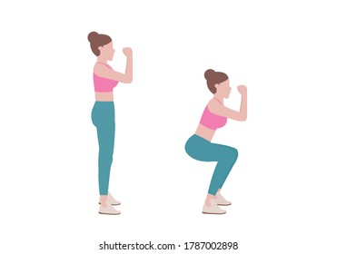 Woman doing exercises.  Benefits, doing Sumo Squat is a great lower-body strength exercise that emphasizes the muscles of the inner thigh. Isolated vector illustration in cartoon style