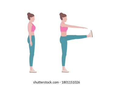 Mujer haciendo ejercicios.  Beneficios, hacer caminatas altas sobre abs y glutes y flexores de cadera y también incluye terneros y hámparas. Fitness y conceptos de salud. Ilustración vectorial en estilo de caricatura