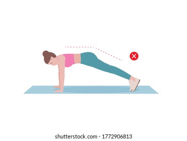 Woman doing exercises.  Benefits, doing wrong Plank. Balance pose, flexibility improvement. Isolated vector illustration in cartoon style. Fitness and health.