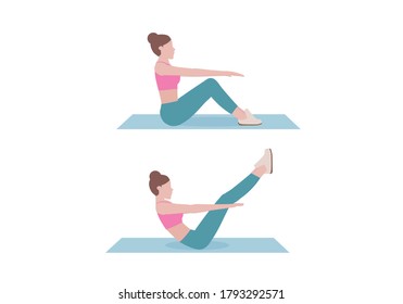 Woman doing exercises.  Boat Pose exercise for building abdominal and core strength. Fitness and health concepts. Isolated vector illustration in cartoon style.