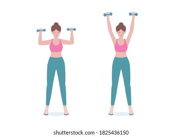 Woman doing exercises a dumbbell. woman in pink shirt and a blue Long legs. Step by step instruction for doing Upper shoulder lift pose. Illustration in cartoon style. Fitness and health concept.