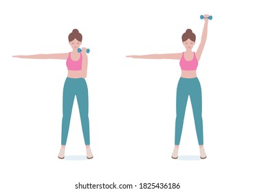 Woman doing exercises a dumbbell. woman in pink shirt and a blue Long legs. Step by step instruction for doing Single Arm Overhead Press Dumbbell. Cartoon style. Fitness and health concepts.