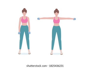 Woman doing exercises a dumbbell. woman in pink shirt and a blue Long legs. Step by step instruction for doing Side Lateral Raise Shoulder pose. Cartoon style. Fitness and health concepts.