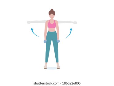 Woman doing exercises a dumbbell. woman in pink shirt and a blue Long legs. Step by step instruction for doing Side Lateral Raise Shoulder pose. Cartoon style. Fitness and health concepts.