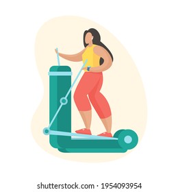 Woman doing exercises with elliptical trainer. Outdoor sports equipment. Female cartoon character in sportswear doing cardio exercise. Flat vector illustration