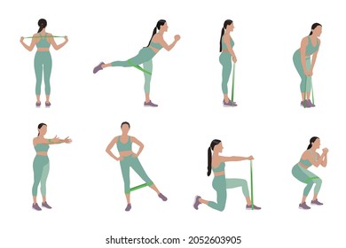 Woman doing exercises with fitness elastic band on white background, collage. Vector illustration