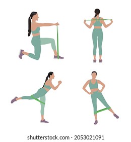 Woman doing exercises with fitness elastic band on white background, collage. Vector illustration