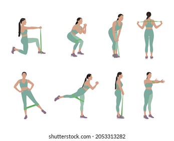 Woman doing exercises with fitness elastic band on white background, collage. Vector illustration