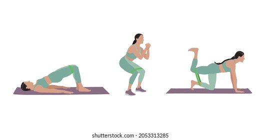 Woman doing exercises with fitness elastic band on white background, collage. Vector illustration