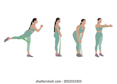 Woman doing exercises with fitness elastic band on white background, collage. Vector illustration