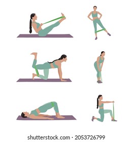 Woman doing exercises with fitness elastic band on white background, collage. Vector illustration