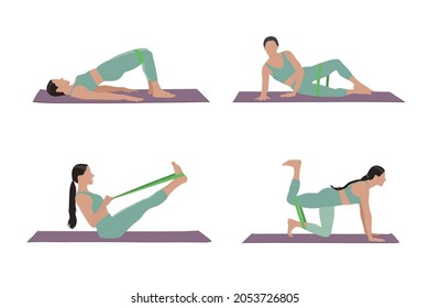 Woman doing exercises with fitness elastic band on white background, collage. Vector illustration