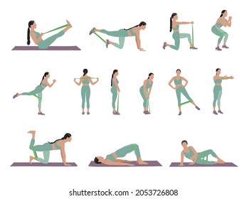 Woman doing exercises with fitness elastic band on white background, collage. Vector illustration