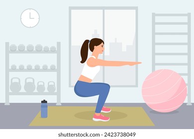 A woman is doing exercises in gym. A young girl squats. Flat vector illustration.