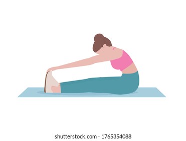 Woman doing exercises. instruction for doing Seated toe touch stretch. prevent the joint stiffness, tightness and pain.Illustration about warm up and cool down and workout. 
