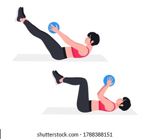 woman doing exercises with medicine ball. Lunges, Pushups, Squats, Dumbbell rows, Burpees, Side planks, Situps, Glute bridge, Leg Raise, Russian Twist, Side Crunch .etc