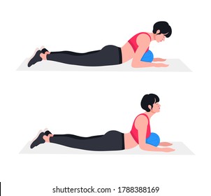 woman doing exercises with medicine ball. Lunges, Pushups, Squats, Dumbbell rows, Burpees, Side planks, Situps, Glute bridge, Leg Raise, Russian Twist, Side Crunch .etc