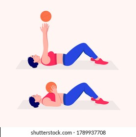woman doing exercises with medicine ball. Lunges, Pushups, Squats,Burpees, Side planks, Situps, Glute bridge, Leg Raise, Russian Twist, Side Crunch .etc