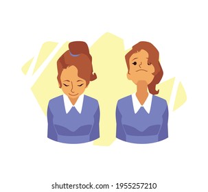 Woman doing exercises nodding with her head, flat vector illustration isolated.