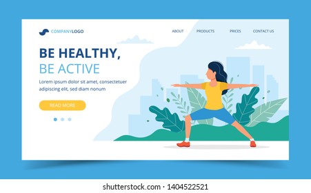 Woman doing exercises in the park landing page, concept illustration for healthy lifestyle, outdoor activities, exercising. Vector illustration in flat style