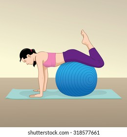 Woman doing exercises and physiotherapy gym with pilates ball material. Ideal for catalogs and educational material and institutional