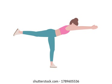Woman doing exercises. woman in pink shirt and a blue Long legs. 1 step instruction for doing Leg Reach. Fitness and health concepts. Isolated vector illustration in cartoon style.