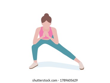 Mujer haciendo ejercicios. mujer con camisa rosa y piernas largas azules. Instrucción de 1 paso para hacer Crunch Clap. Fitness y conceptos de salud. Ilustración vectorial aislada en estilo de dibujos animados.
