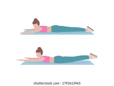 Woman doing exercises. woman in pink shirt and a blue Long legs. for doing women super hero flying position. Fitness and health concepts. Isolated vector illustration in cartoon style.