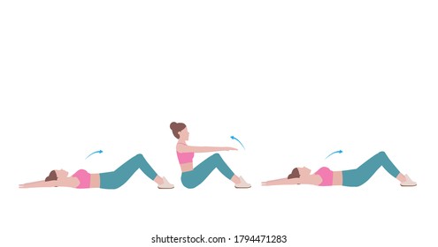 Woman doing exercises. woman in pink shirt and a blue Long legs. Step by step instruction for doing touch her knees repeat. Isolated vector illustration in cartoon style. Fitness and health concepts.