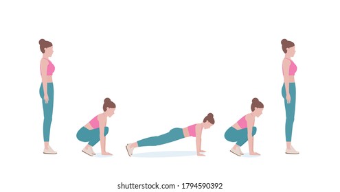 Woman doing exercises. woman in pink shirt and a blue Long legs. Step by step instruction for doing Burpee Push-up. Isolated vector illustration in cartoon style. Fitness and health concepts.